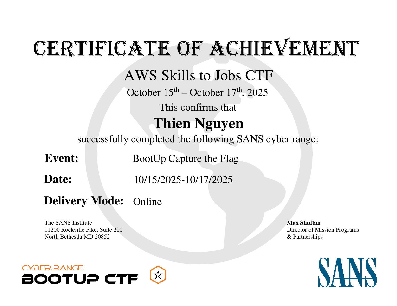 certificate of achievement — aws ctf