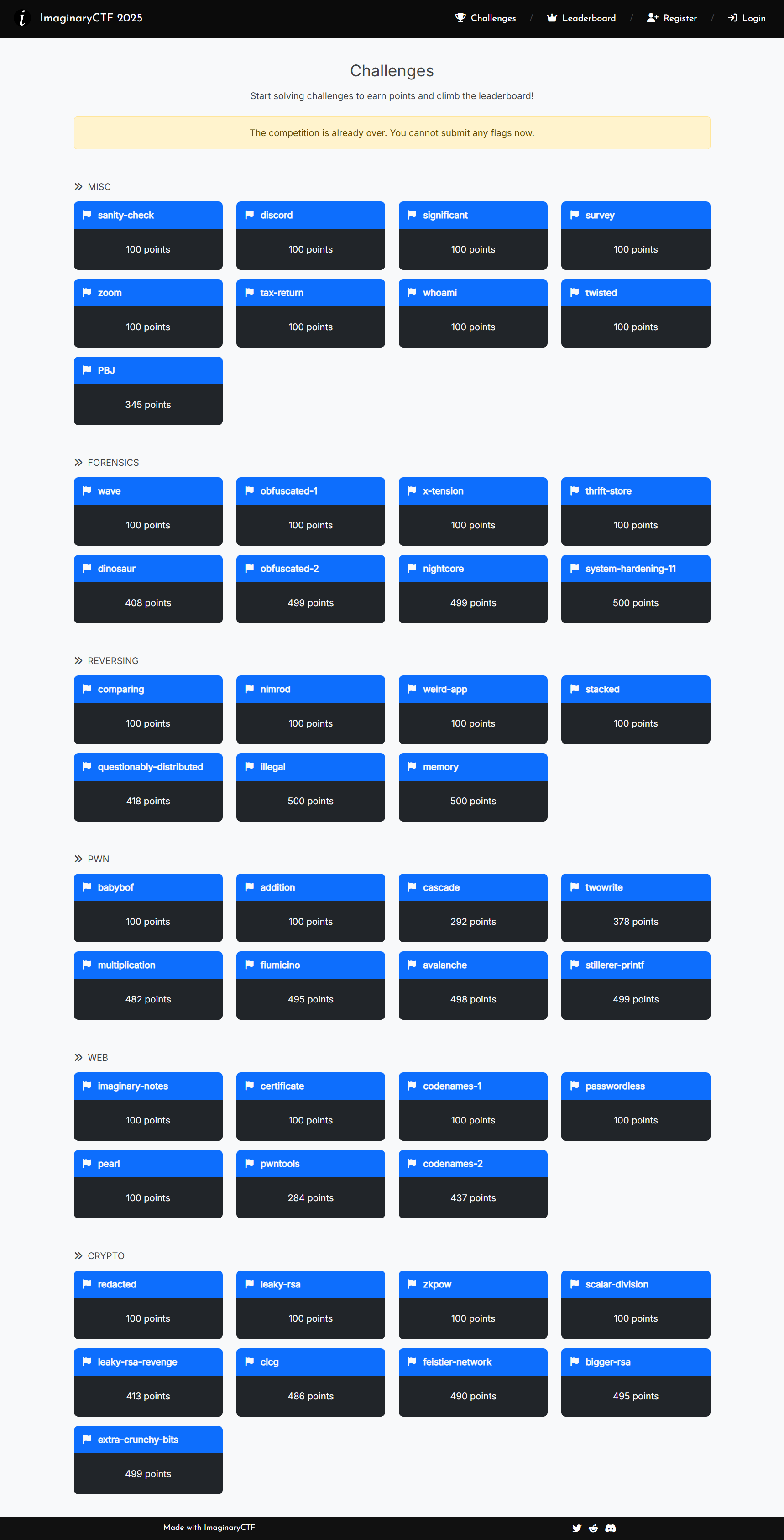 imaginaryCTF 2025 challenge board