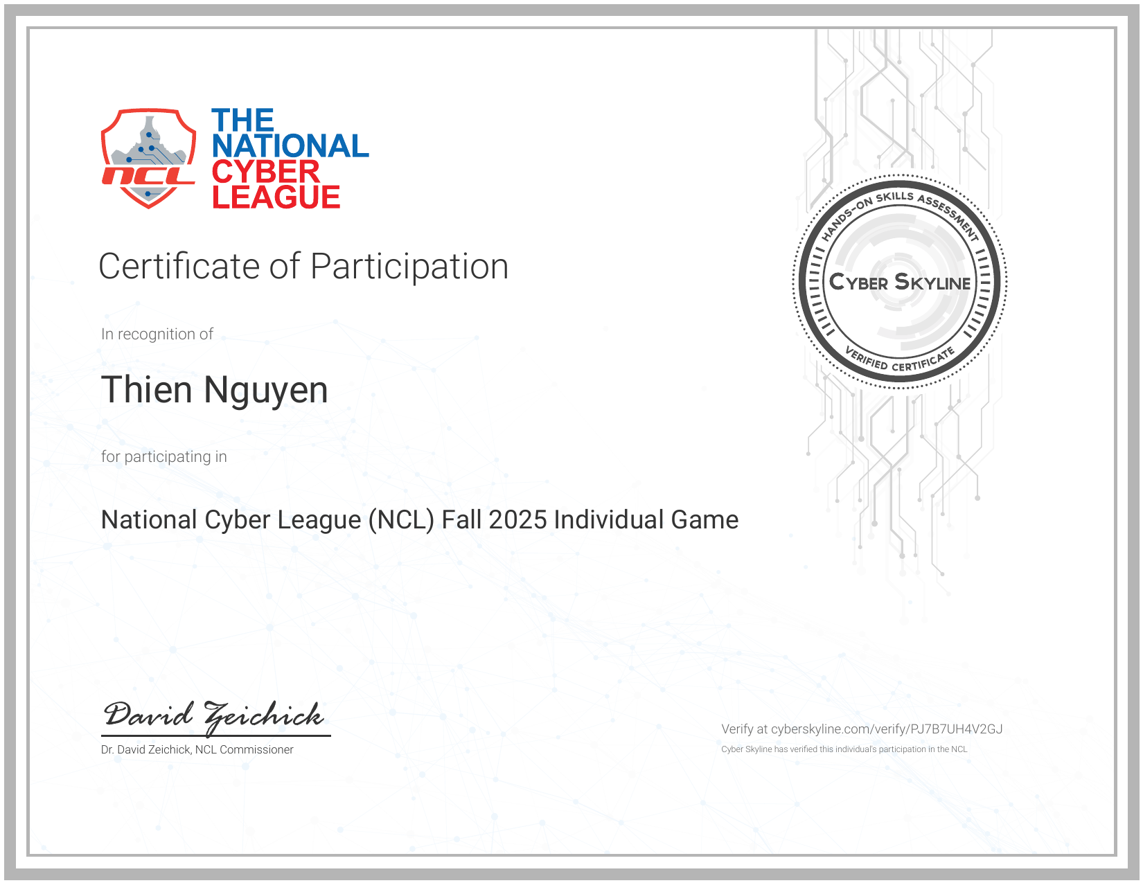 ncl fall 2025 individual certificate