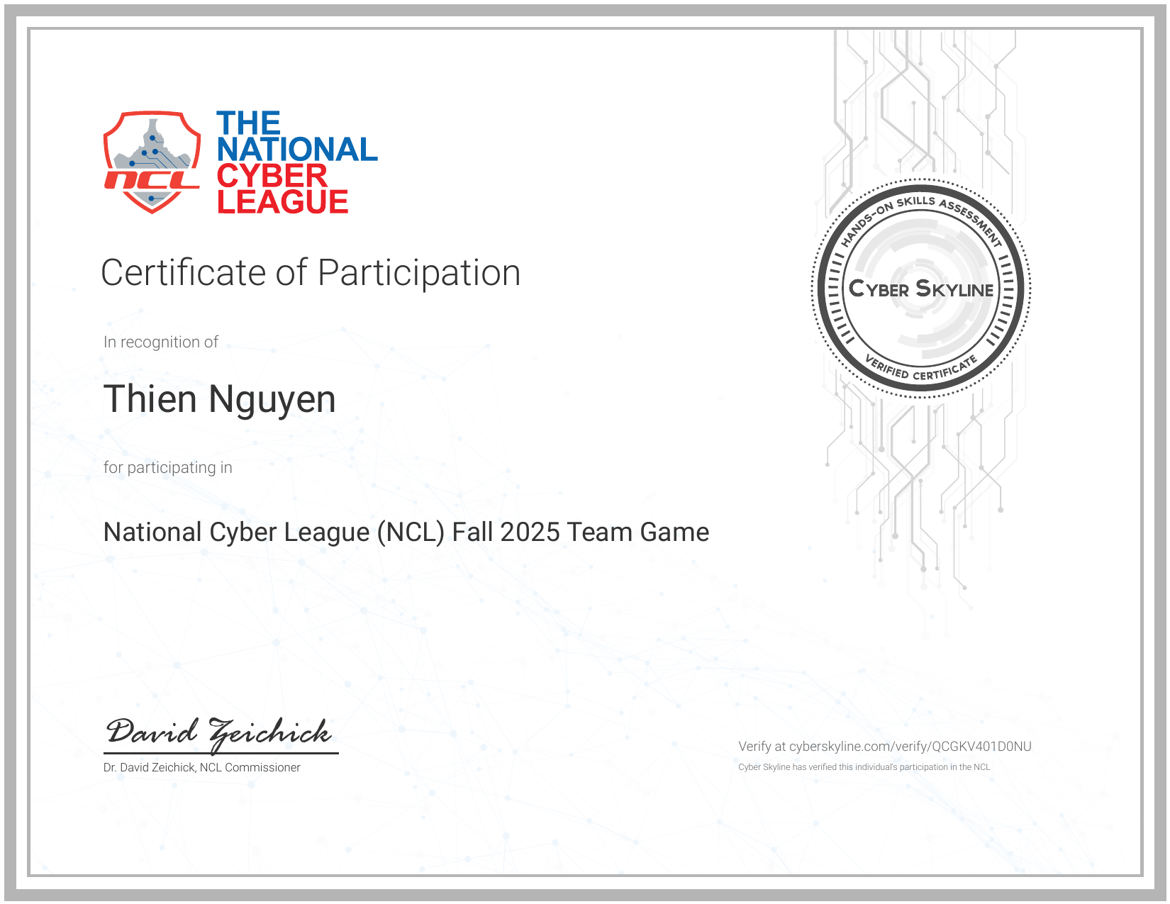 ncl fall 2025 team certificate